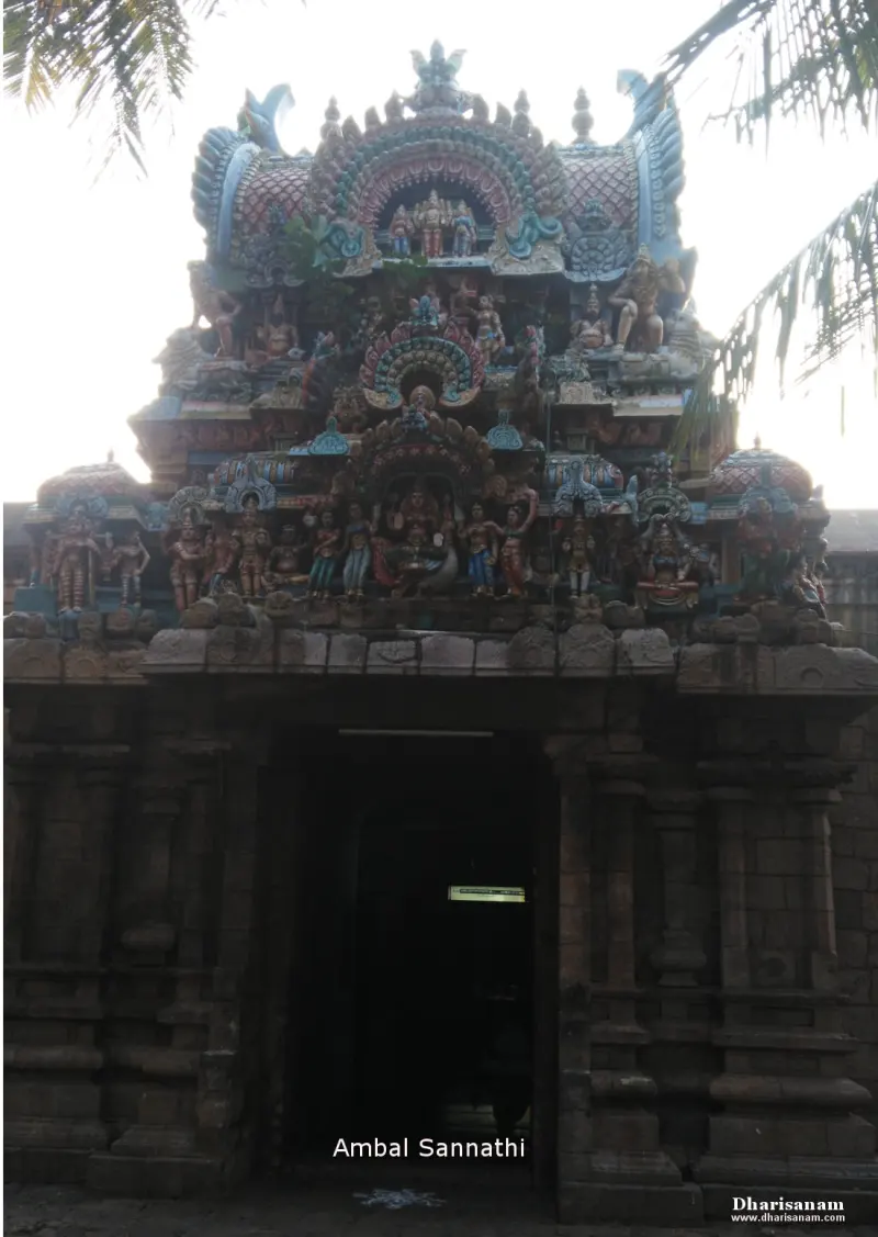 A small gateway tower with colourful figures above a dark stone entrance labelled Ambal Sannathi