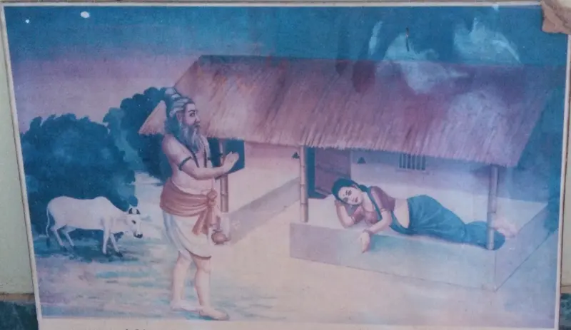 Painting: a sage at a thatched house calls out while a woman lies asleep inside; a cow stands nearby