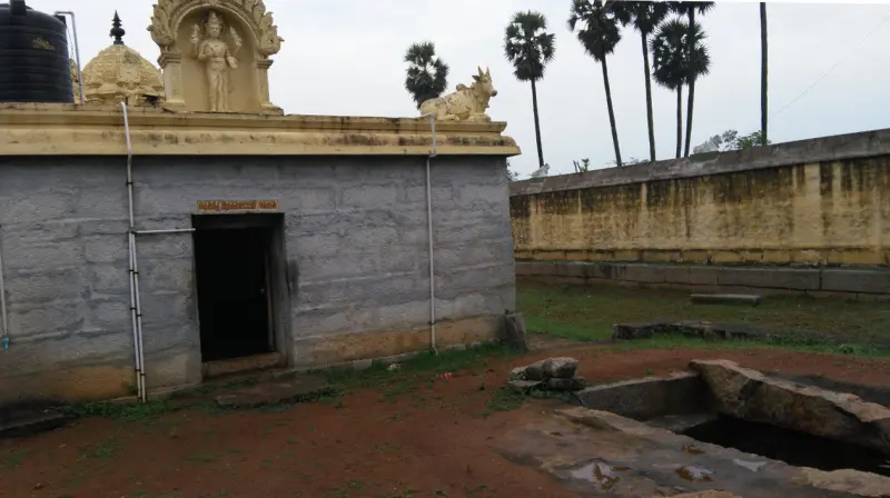 A grey stone shrine with a carved figure and a Nandi on its roof, and an open stone-lined tank in the foreground.
