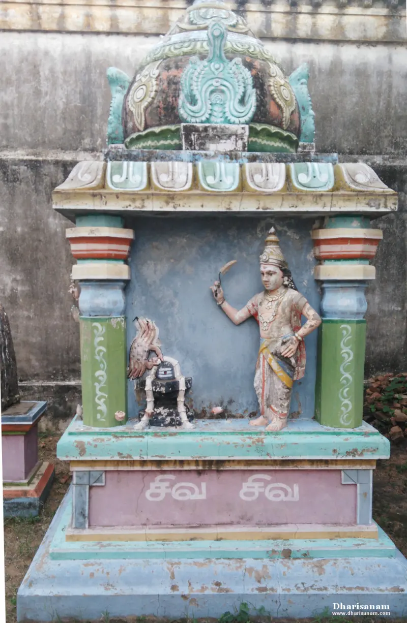 Painted figure raising a blade beside a lingam embraced by a crab, under a domed canopy