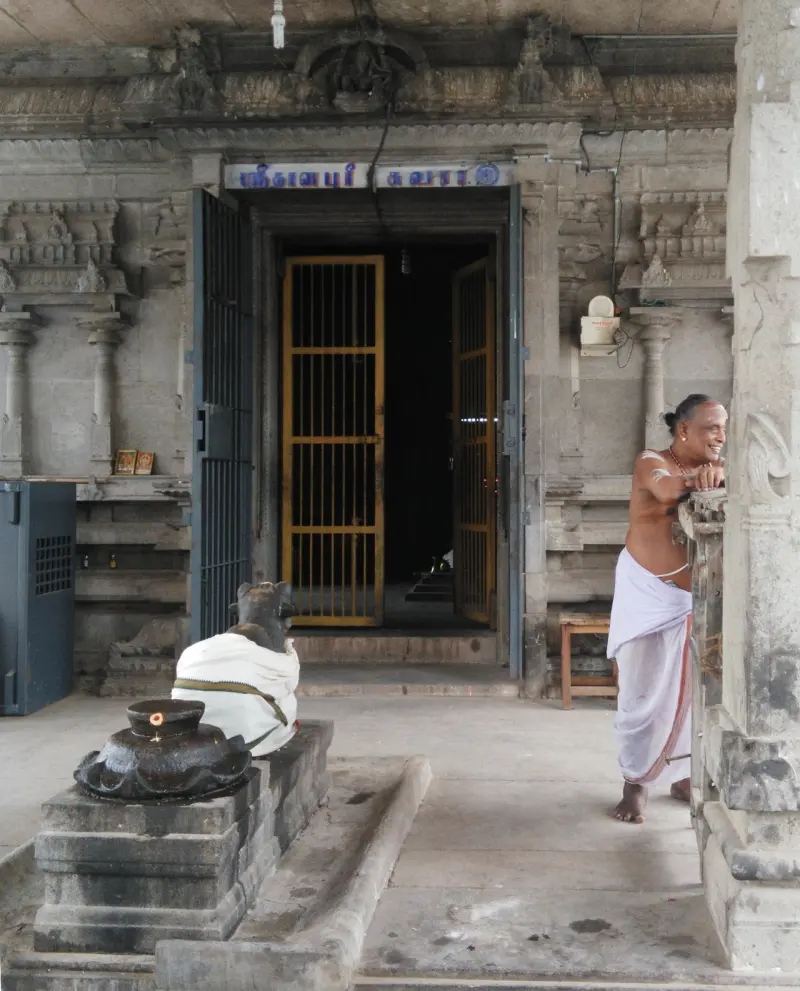 A stone Nandi draped in white cloth before the barred doorway of the inner shrine