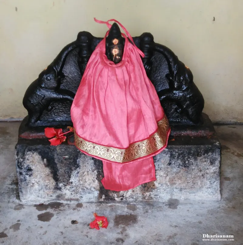 A dark stone idol under a pink silk cloth, with carved elephants on either side of the backdrop.