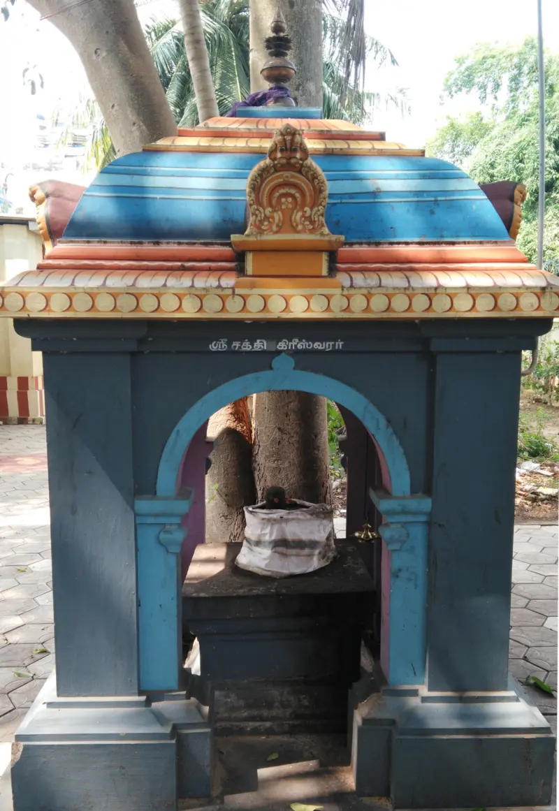Small blue shrine housing a lingam beneath a tree