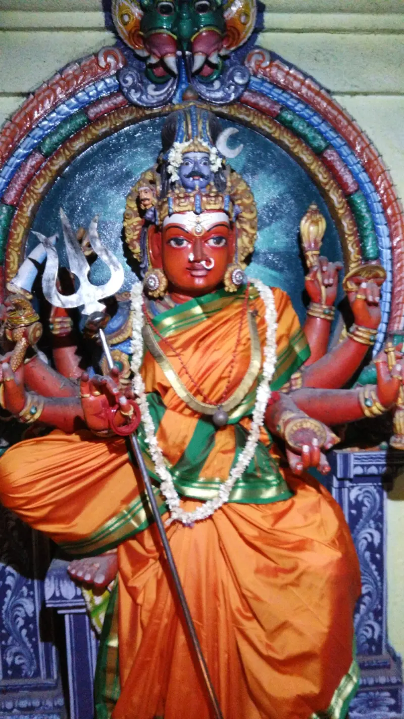 A painted idol of the goddess with many arms and a trident, in an orange sari and a white garland, under an arch.