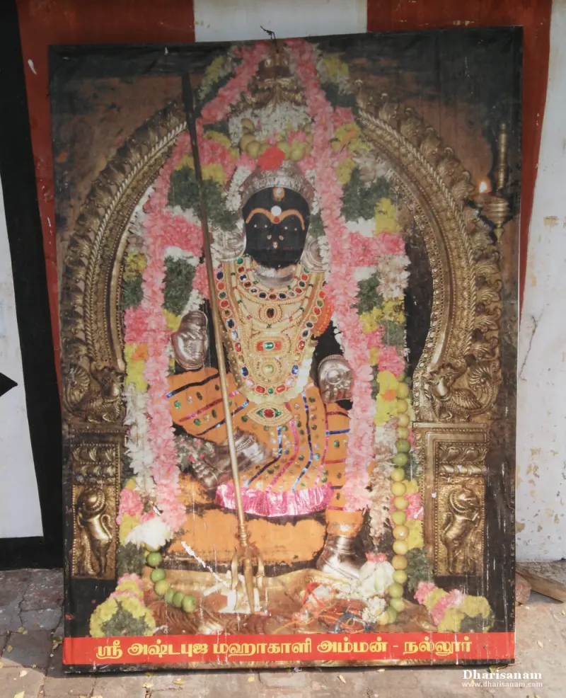 A framed photograph of a garlanded goddess with a trident, the Tamil caption naming Ashtabuja Mahakali Amman, Nallur