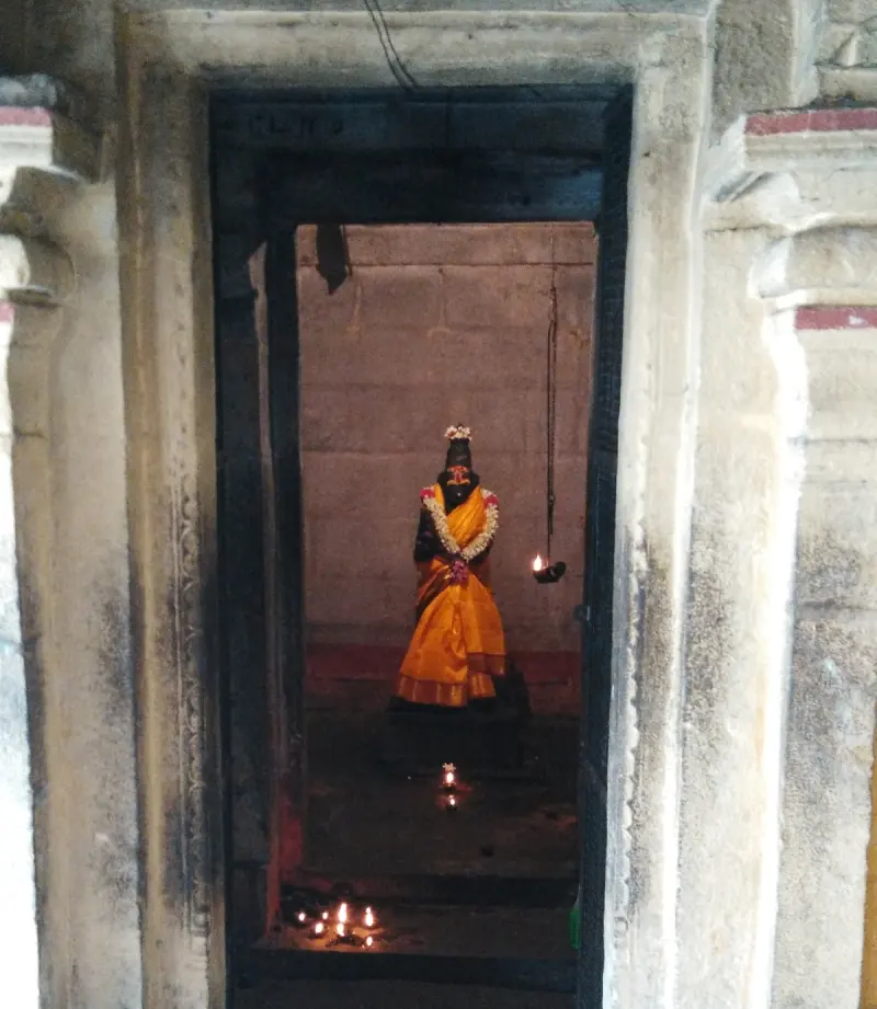 A dark stone figure in an orange sari and jasmine garland stands inside a shrine, with oil lamps on the floor.