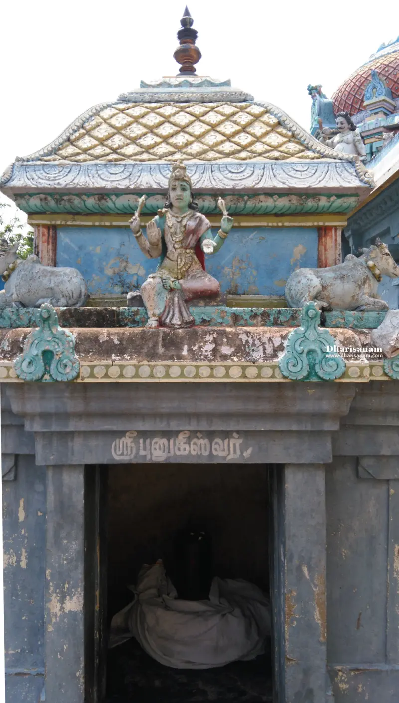 A small blue shrine with a Tamil name board, a painted figure above and bulls on either side