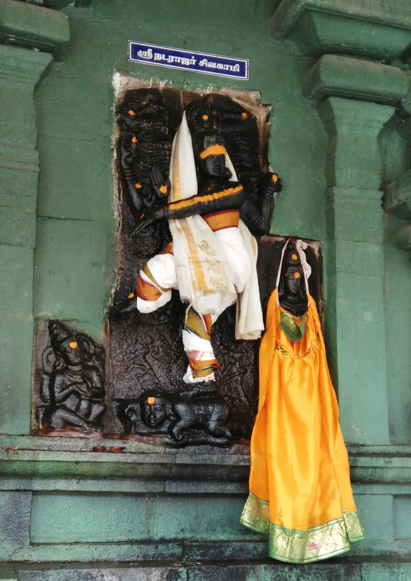 Carved black stone relief of Natarajar dancing, with Sivakami in an orange sari beside him