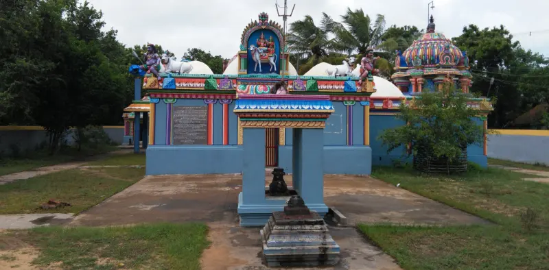A small pillared mandapam with a dark Nandi, in front of blue shrines with white bulls