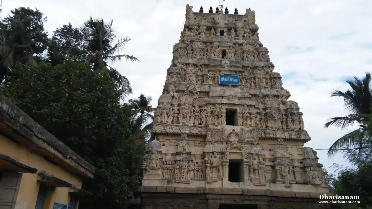 Weathered stone tower with carved tiers, palm trees on both sides