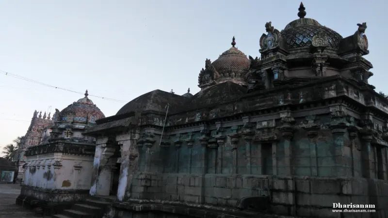 Several domed stone shrine roofs of different sizes stand together under a pale sky, with a gopuram far left