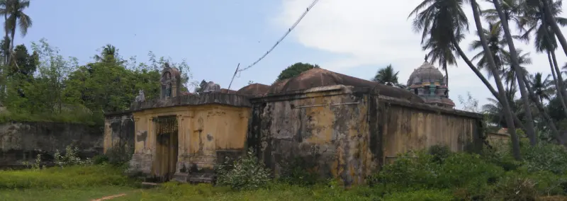Weathered yellow shrine buildings with domes among palm trees