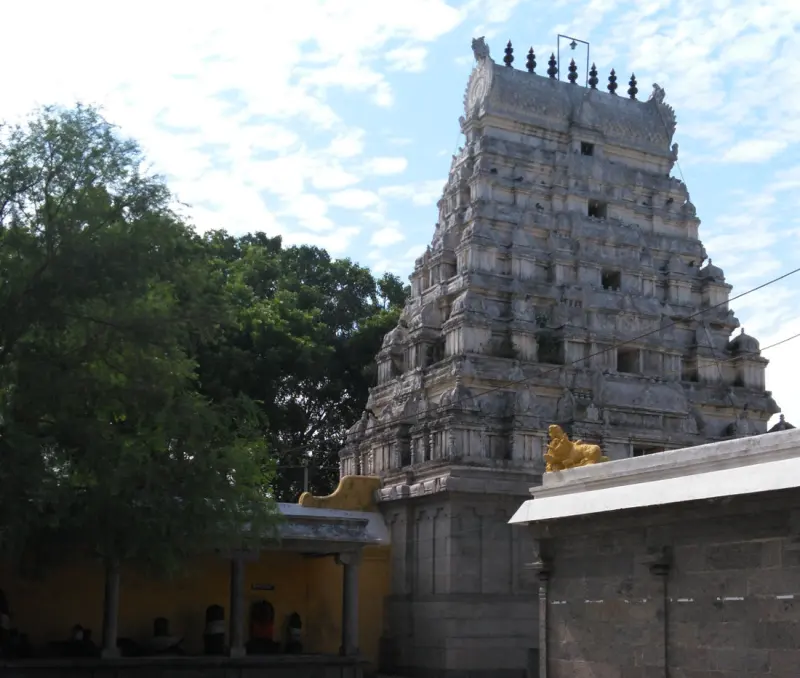 A tall tiered gateway tower of grey stone with a golden bull on a wall in front, and a large tree on the left.