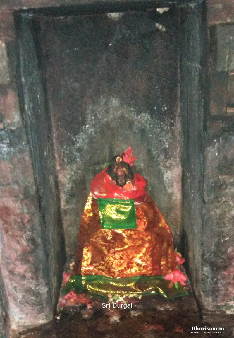 An idol in red and gold silk with a green cloth sits in a dark stone niche, with flowers around its base