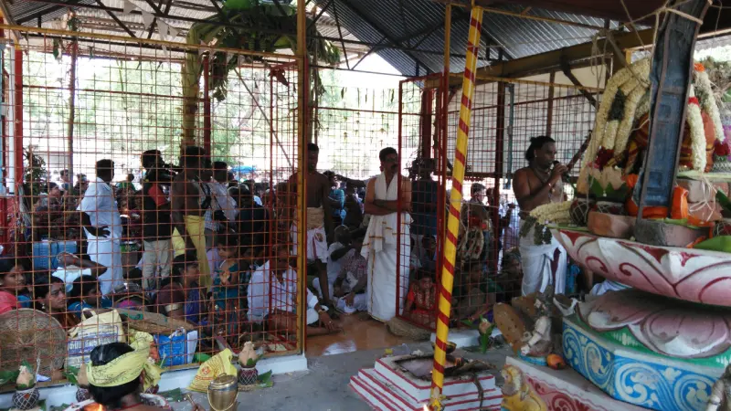 A crowd sits behind an iron fence in a shed, watching a priest beside the garlanded yagna area.