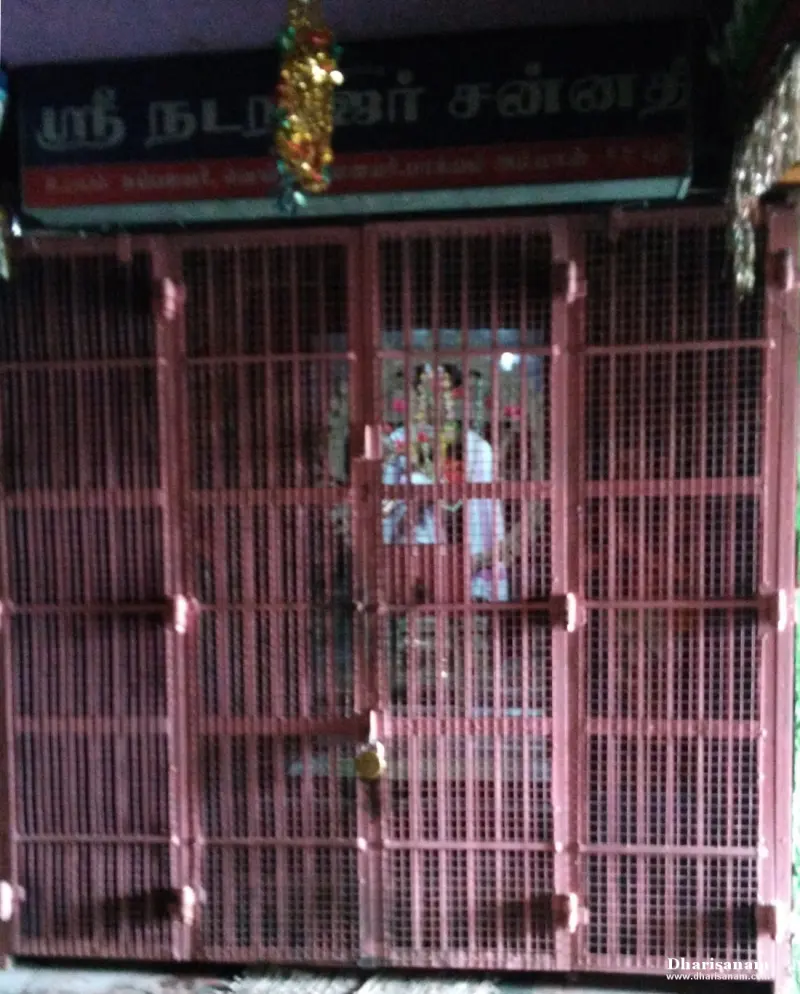 Pink metal grille in front of the Natarajar shrine, with the deities faintly visible inside