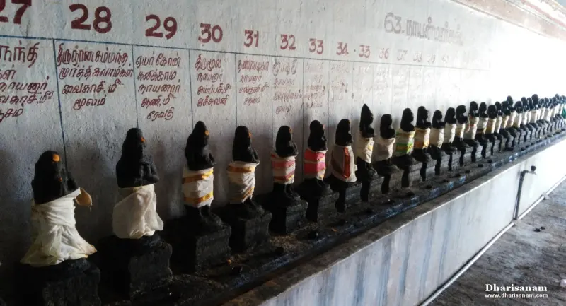 A row of small dark images in white and coloured cloth, with numbers and Tamil names painted above