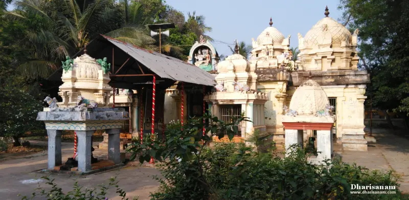 Small shrines with tower tops and Nandhi statues amid green bushes