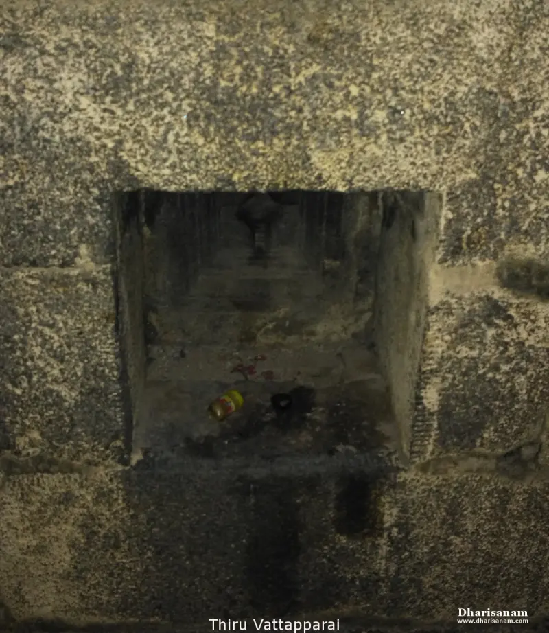 A small square niche cut into a rough stone wall, with a few flower petals on its floor
