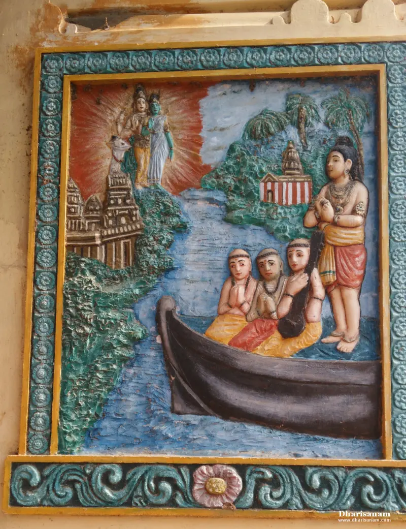 A painted relief of a standing man and three seated companions in a boat, with a divine couple on the far bank