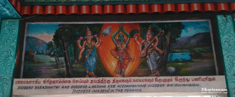 A painted panel of a goddess in flames between two goddesses, one with a veena