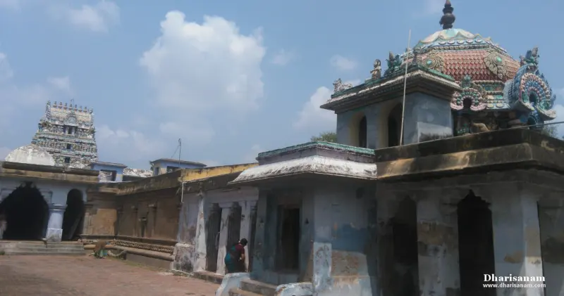Domed shrine roofs in the courtyard, with the gopuram visible behind them