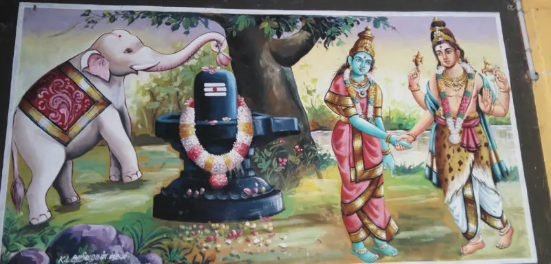 A white elephant worships a garlanded lingam under a tree, while a blue-skinned goddess clasps hands with the lord