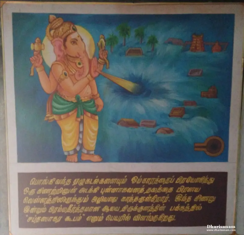 Painted panel of Vinayakar drawing the flood waters into a whirlpool, with Tamil text below