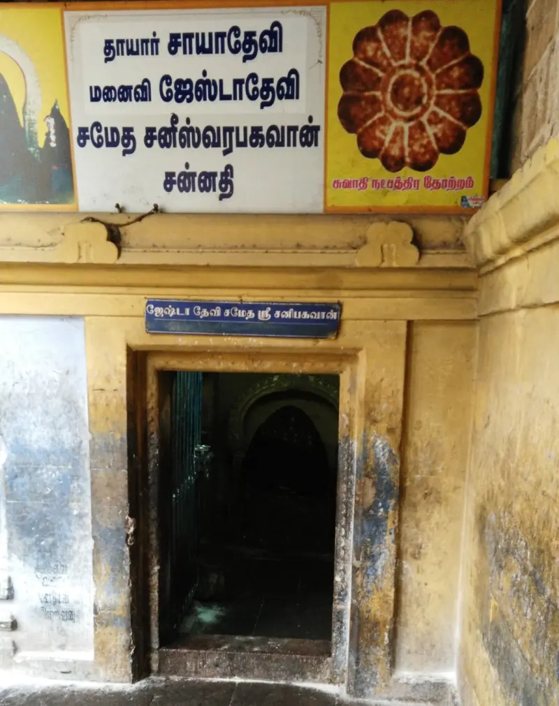 A shrine doorway under a board naming Chaya Devi and Jyesta Devi with Lord Saneeswaran.