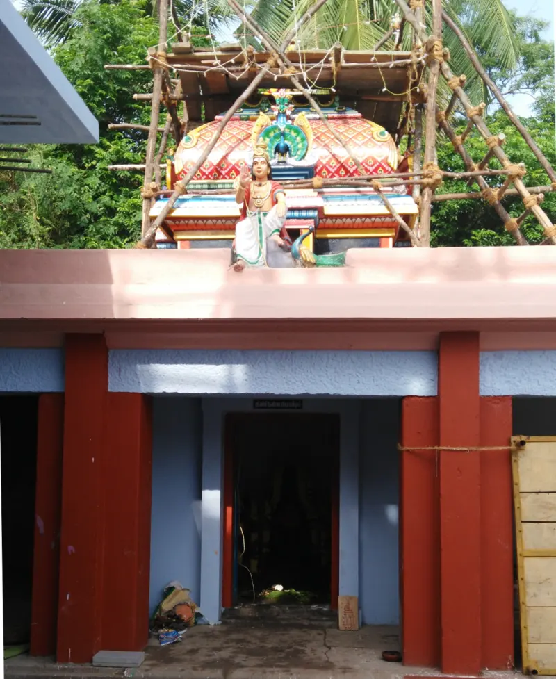 Murugan statue with peacock above a shrine wrapped in scaffolding