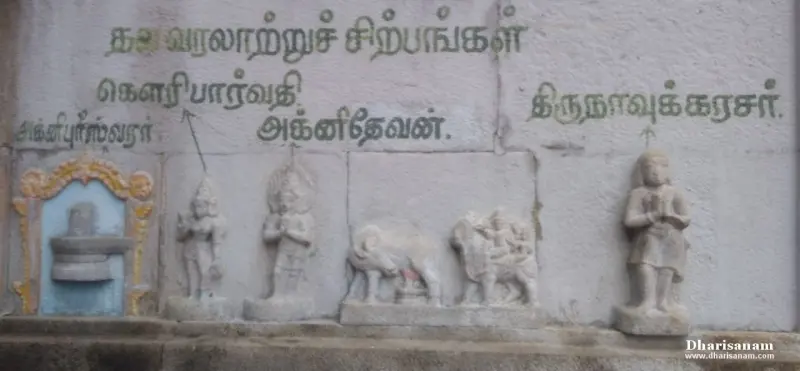 Carved figures on a wall under a Tamil heading, including Gauri Parvathy, Agni and a cow.