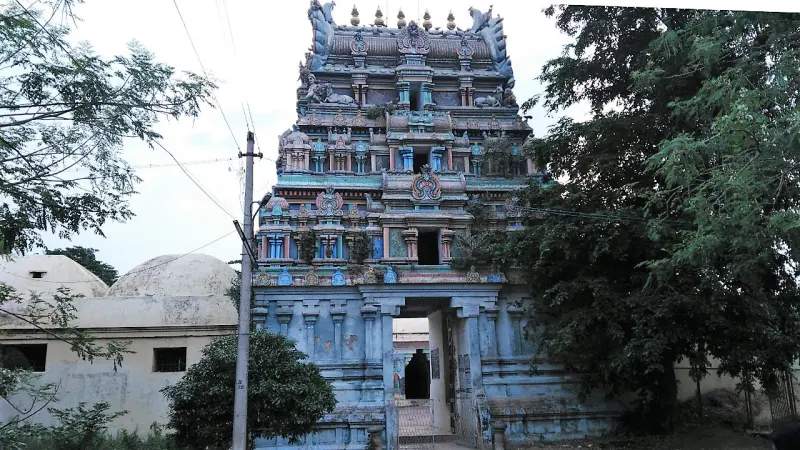 A coloured tower with a blue base rises above a gateway, with trees on both sides and a plastered wall to the left.