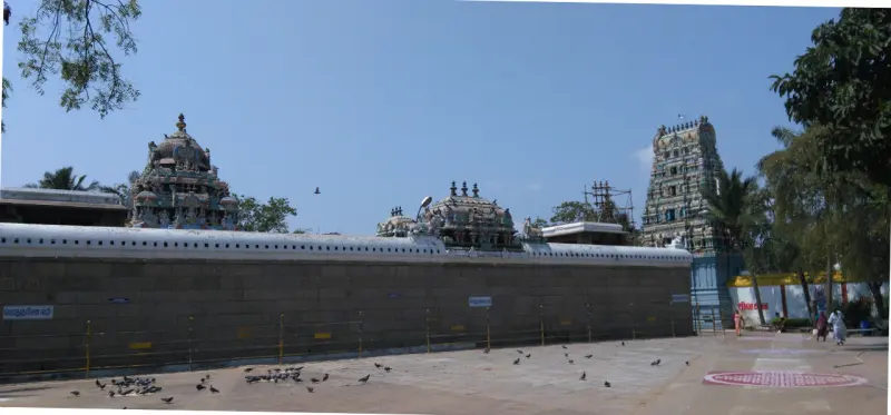 The stone outer wall with temple towers behind it and pigeons on the ground.