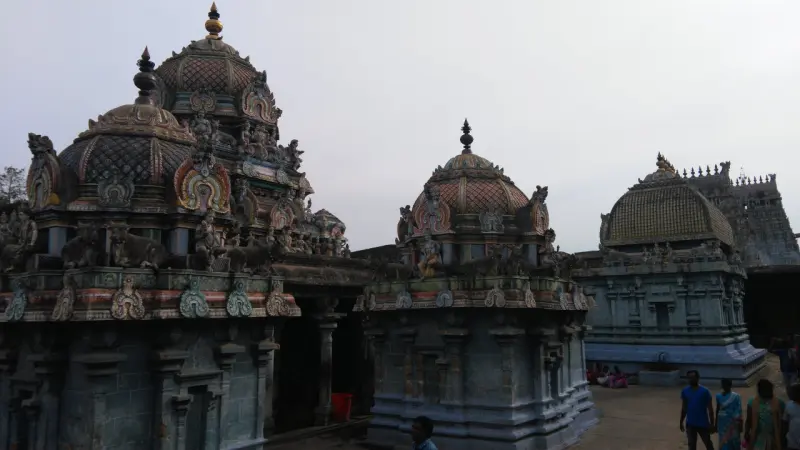 Several domed shrine roofs with carved figures, and a golden-patterned dome at the right.