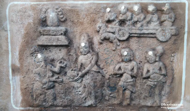 Stone panel with a lingam, a seated figure, standing figures and a chariot carrying several people