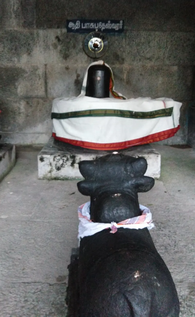 Lingam draped in white cloth with a Nandi facing it, name board above