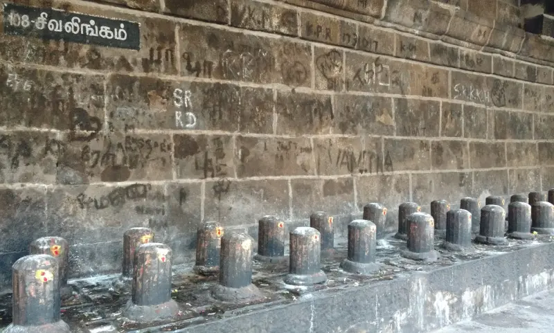 Many small lingams stand in a row on a stone platform in front of a wall of large stone blocks.