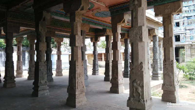 Rows of granite pillars carved with sculptures in an open hall