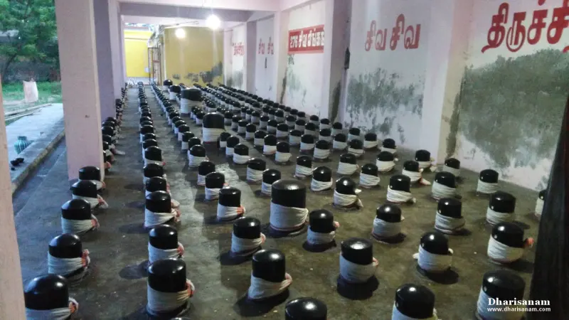Many black lingams, each wrapped with white cloth, standing in neat rows on the floor of a corridor.