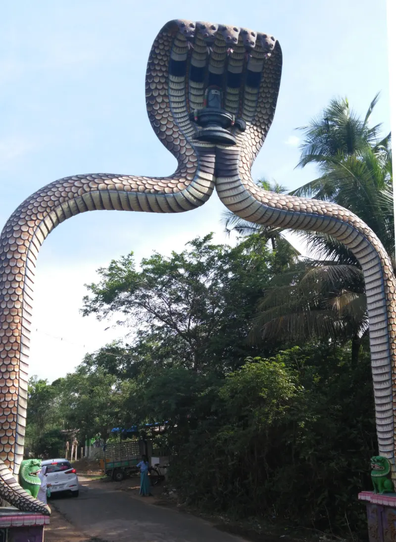 A huge cobra with a raised hood forms an arch over a village road, with palm trees and a parked car below.