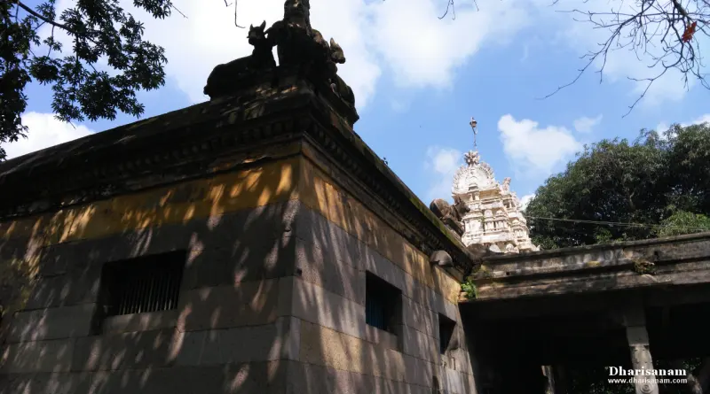 White tower with sculptures rising behind a stone roof with Nandi on top