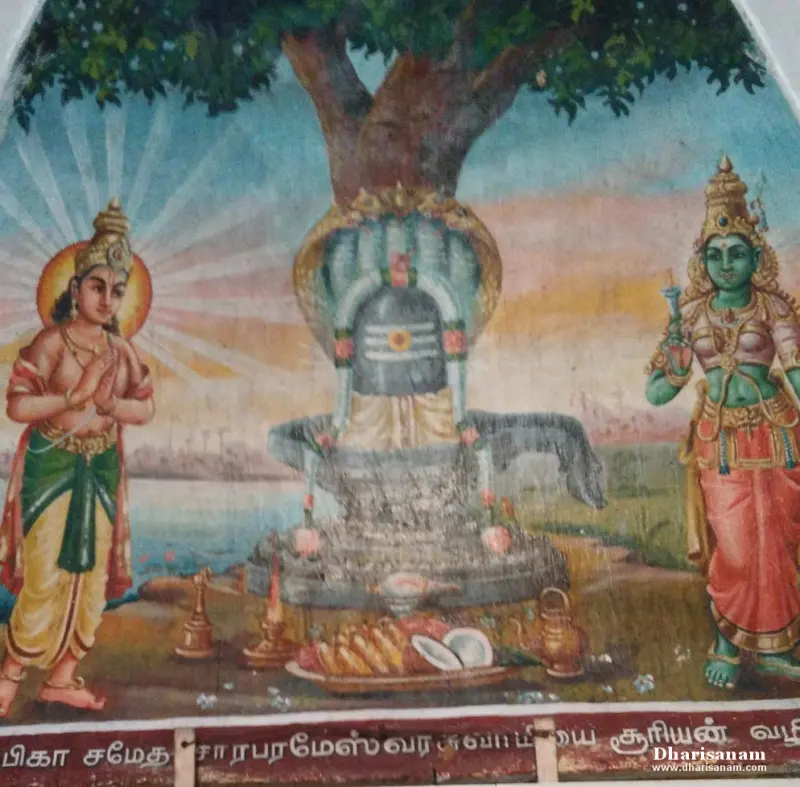 A wall painting of a Shivalingam under a tree, with a worshipper on the left and a goddess on the right