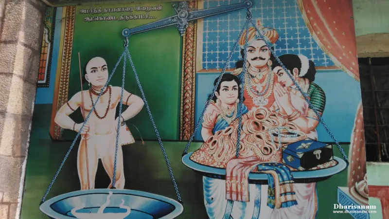 A painting of a large balance with a boy on one pan and a family with heaped jewels and cloth on the other