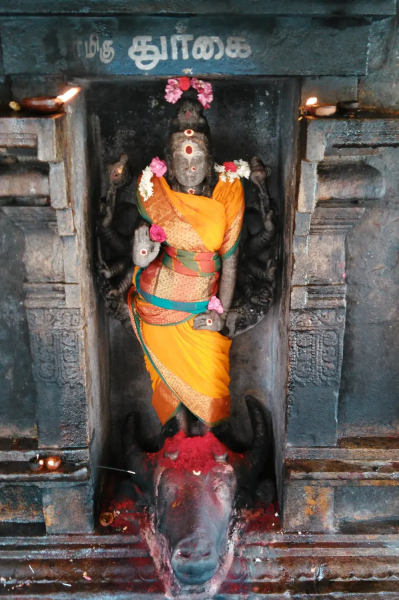 Many-armed stone Durgai in an orange silk sari with flowers, standing on a buffalo head, with lamps beside her