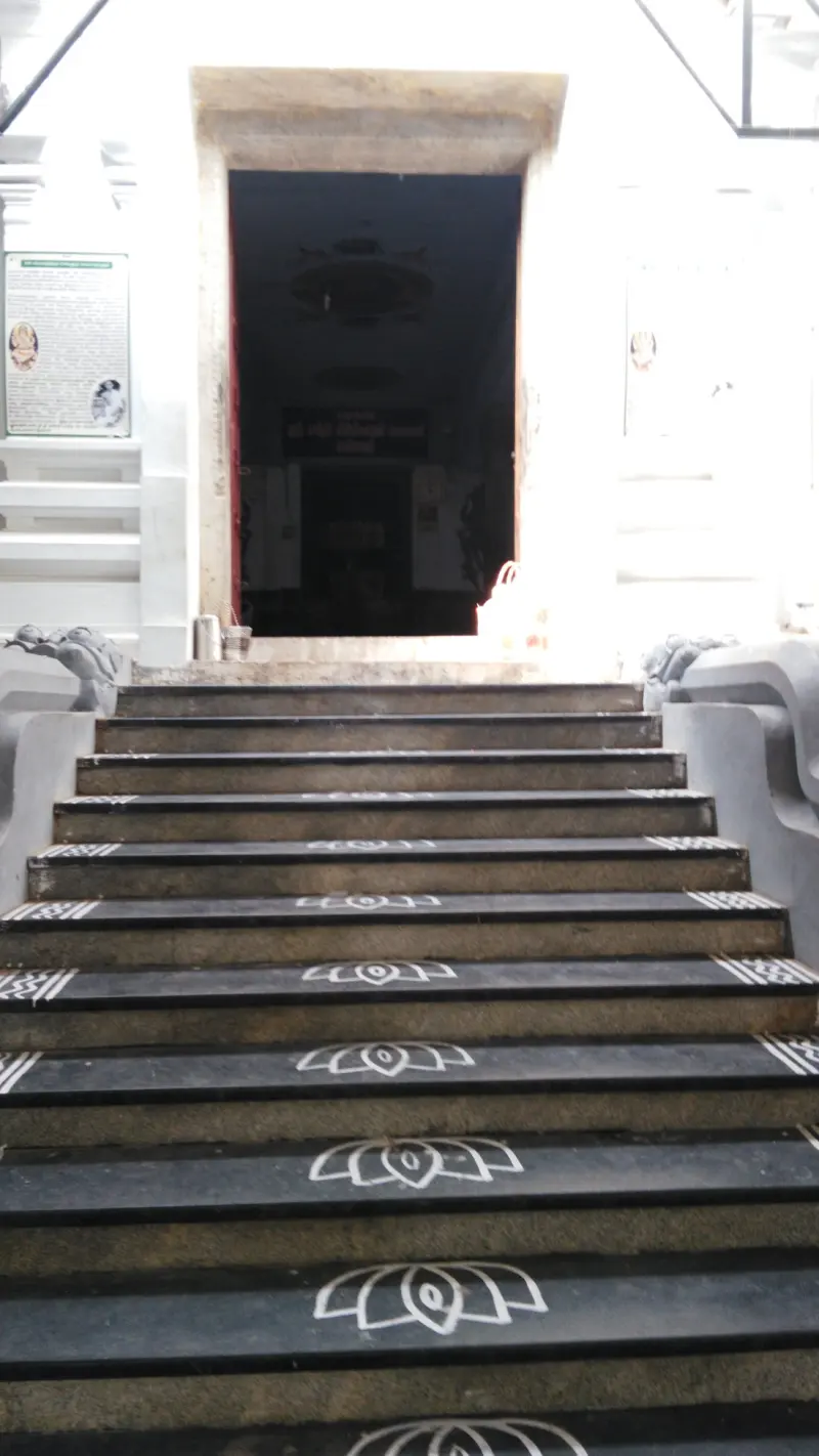 Stone steps painted with white lotus patterns at the entrance