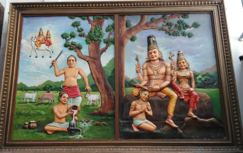 Two-panel painting of a beating scene and Shiva with Parvathy