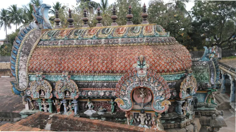 Barrel-shaped roof of the sanctum, seen from above, with finials along its top
