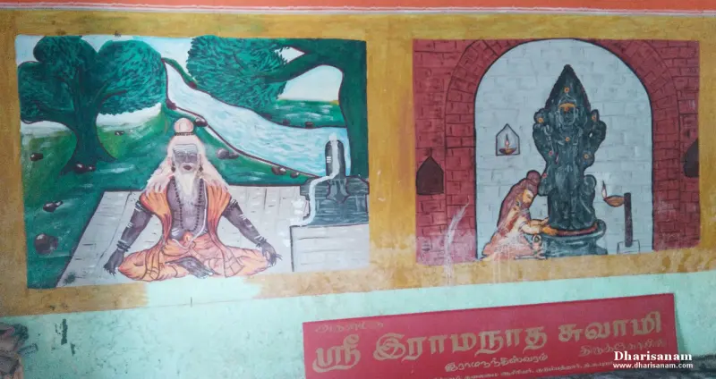 Two wall paintings of a sage kneeling before a lingam and before a deity, above a red name board in Tamil