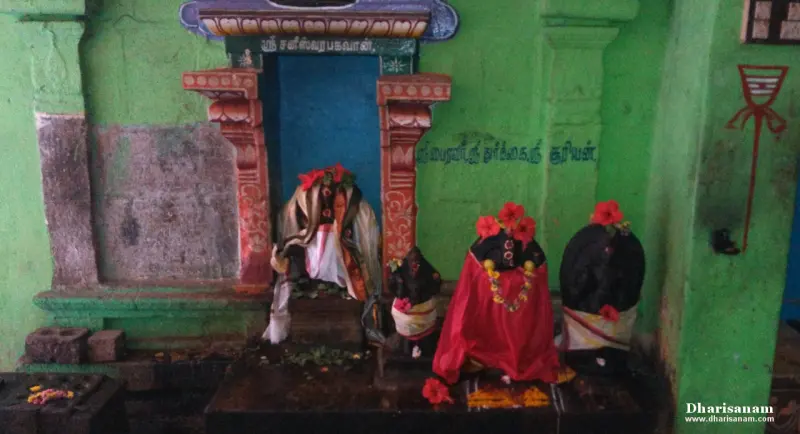 Dark stone idols dressed with cloth and flowers in a green-walled shrine