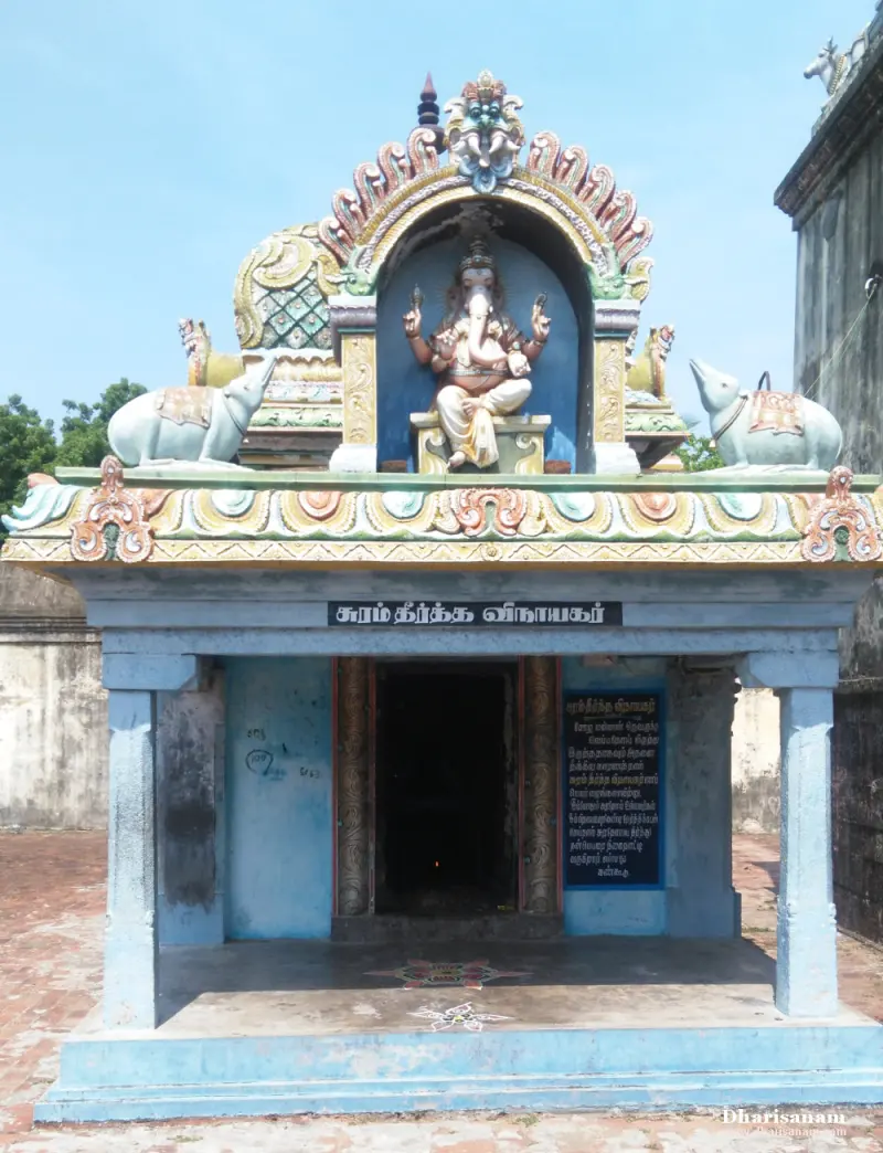 Blue shrine with a painted Vinayakar figure above the door and a Tamil name board
